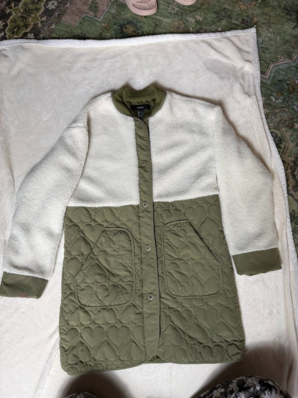 Forever 21 S Ivory Sherpa Olive Heart Quilted Long Jacket
